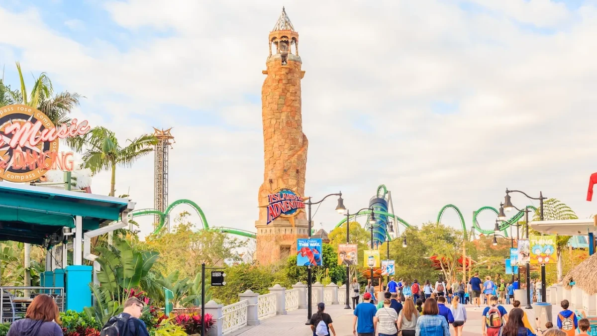 A large ground of Islands of Adventure with surrounding rides