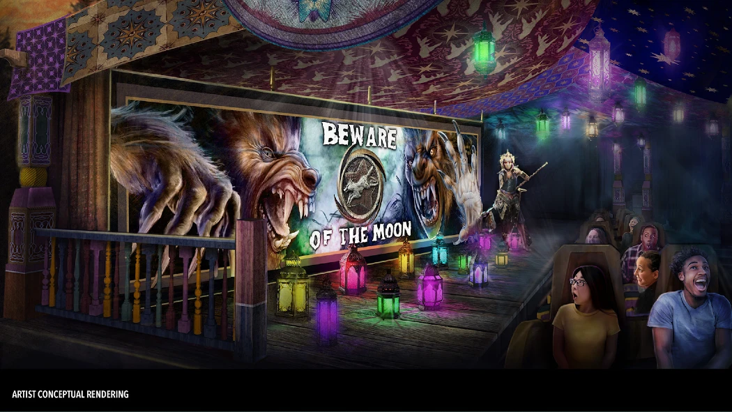 A colorful ride area with a "Beware of the Moon" sign, menacing creatures, and illuminated lanterns